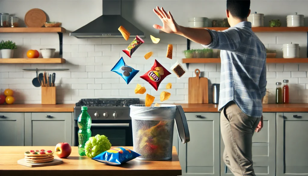 Een persoon in een moderne keuken gooit ongezonde snacks, zoals zakken chips en zoete lekkernijen, in een prullenbak. De keuken is helder en opgeruimd, en de actie symboliseert het vastberaden weggooien van verleidingen om een gezondere levensstijl en gewichtsverlies te ondersteunen.