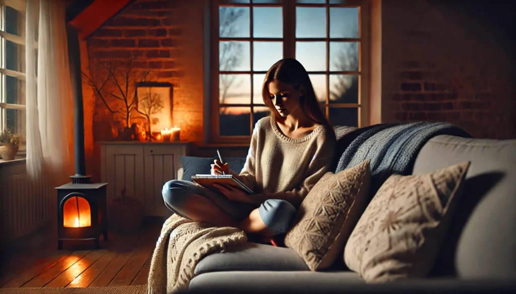 Een vrouw zit op een gezellige bank in een woonkamer, omgeven door zachte kussens en een deken over haar schoot. Ze is verdiept in het maken van een plan, met een notitieboekje en pen in haar hand. De ruimte is zacht verlicht door warme lampen, en door het raam is te zien dat het bijna donker is buiten. De sfeer is rustig en huiselijk, met een focus op haar concentratie en de vroege avondsetting.