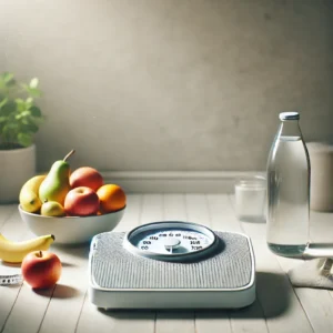 Afbeelding van een weegschaal op een heldere, minimalistische vloer, omringd door vers fruit en een waterfles, die samen verantwoord afvallen symboliseren door een focus op balans, gezondheid en welzijn.